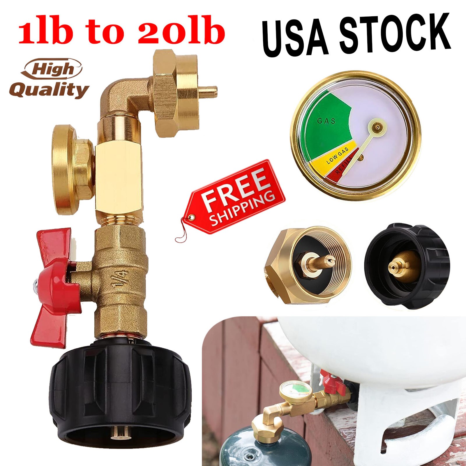 Propane Refill Elbow Adapter with Gauge 1lb to 20lb tank & ON-Off Control Valve