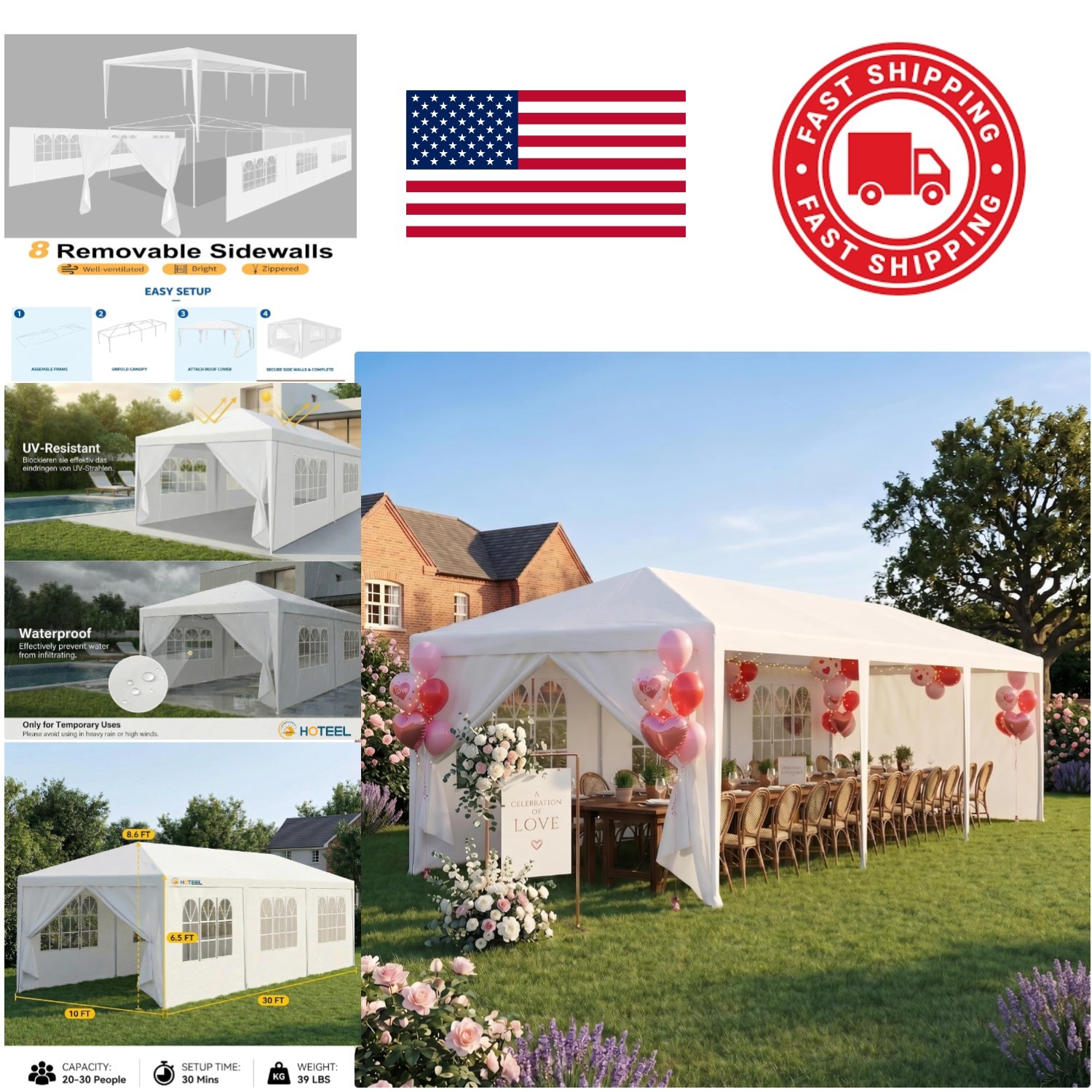 Outdoor Canopy Tent 10x30FT White Alloy Frame Waterproof Shelter for Gatherings