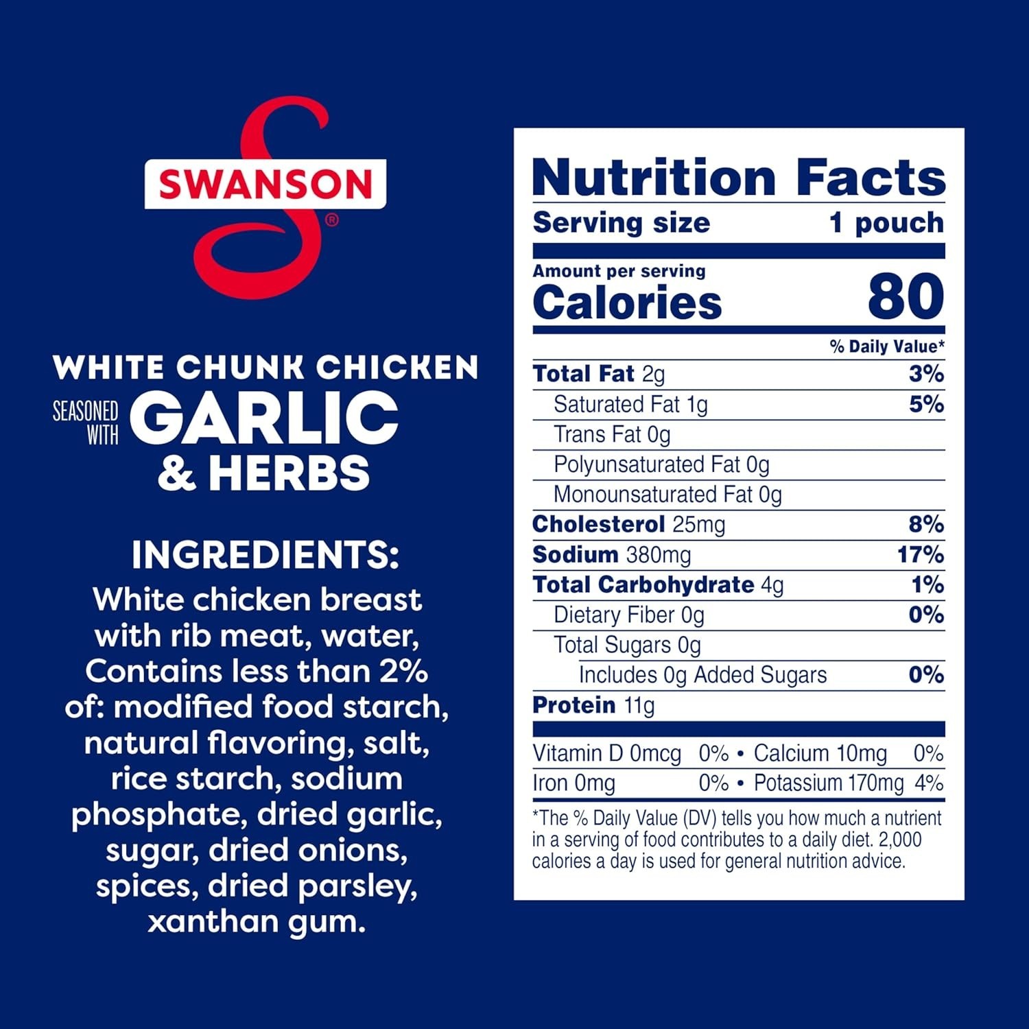 Swanson Garlic & Herbs Fully Cooked Chicken Pouch, 2.6oz – Easy Gluten-Free Meal