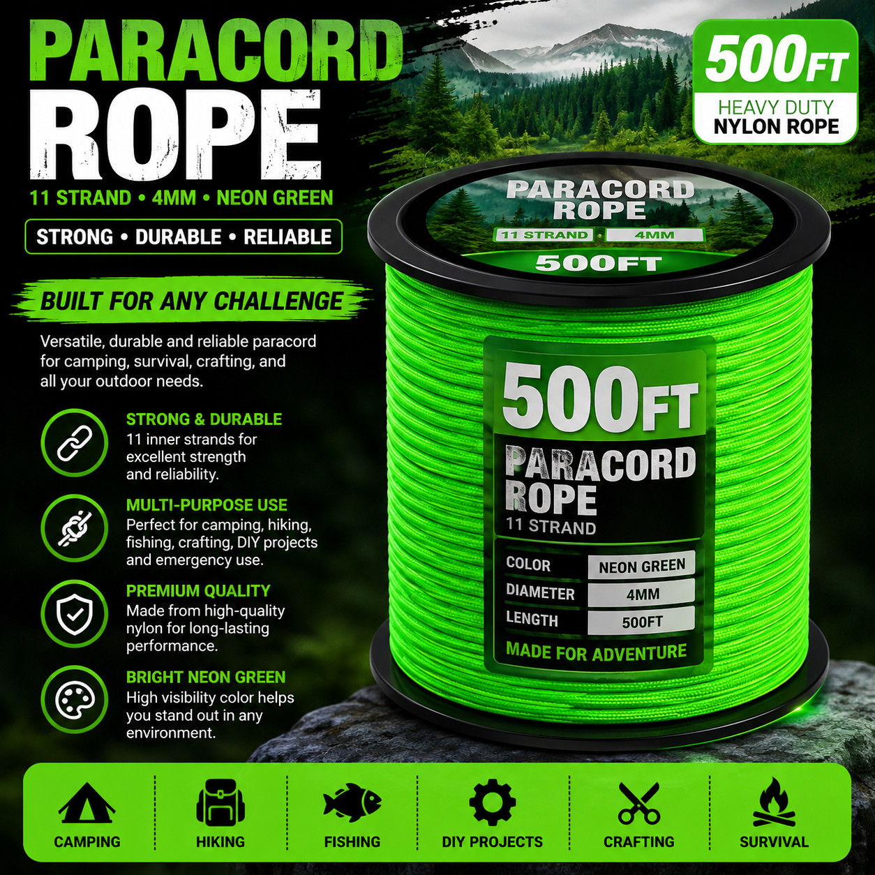 Paracord Rope 750 – Parachute Para Cord 4Mm 11 Strand Spool Rope Utility Nylon S