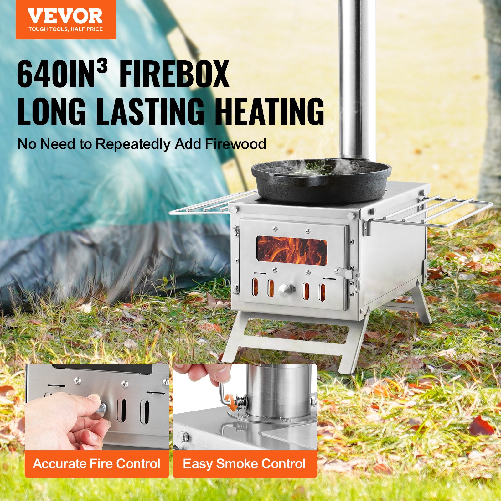 VEVOR Portable Wood Stove Camping Hot Tent BBQ Stove 80 in for Outdoor w/ Pipes