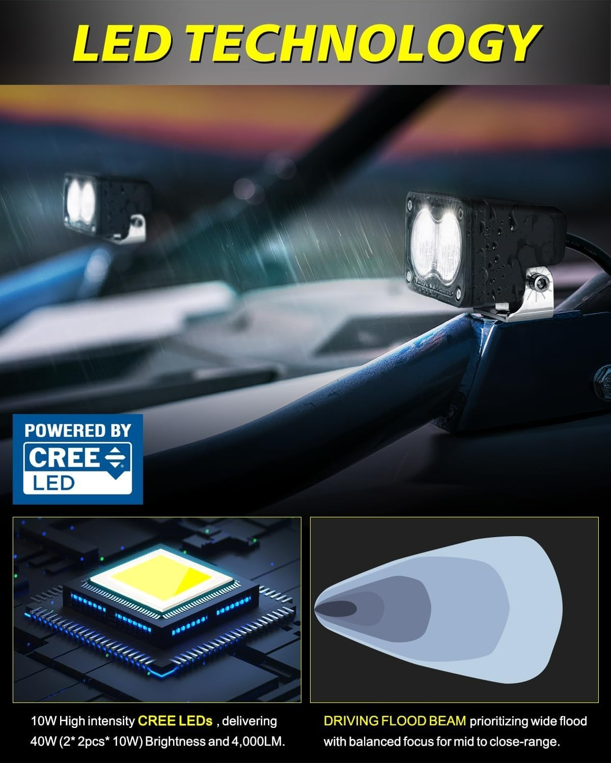 LED Pods 3″ 40W CREE LED Driving Flood Offroad Lights with Wiring Harness