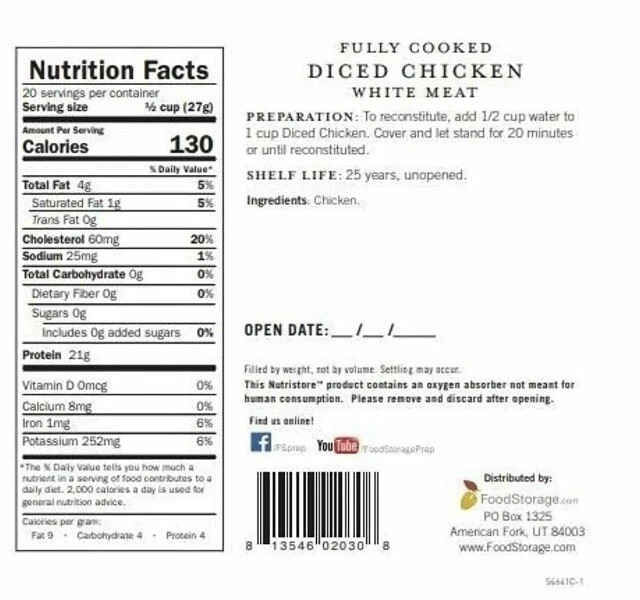 NutriStore Freeze Dried Fully Cooked Diced Chicken White Meat 20 Servings 19.0oz