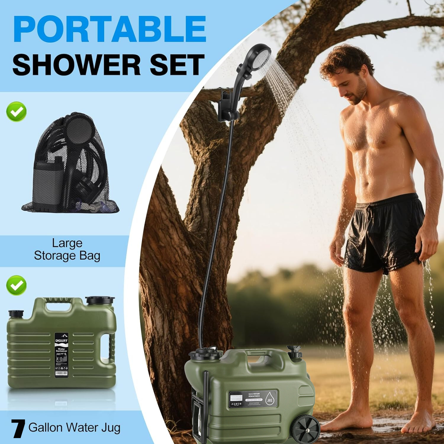 Portable Camping Shower with 7-Gallon Water Jug, Rechargeable Camping Shower New