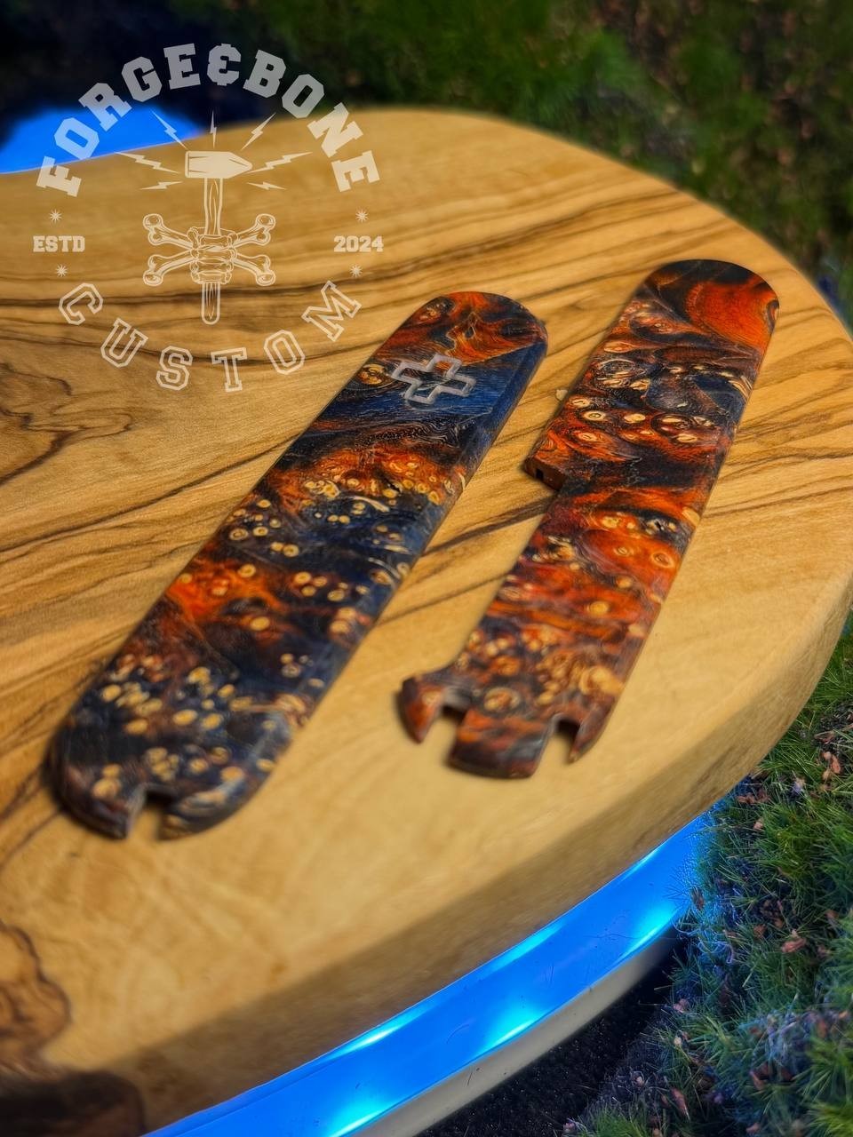 Custom scales for Victorinox 91mm Plus Box Elder Stabwood Red/Blue Grips