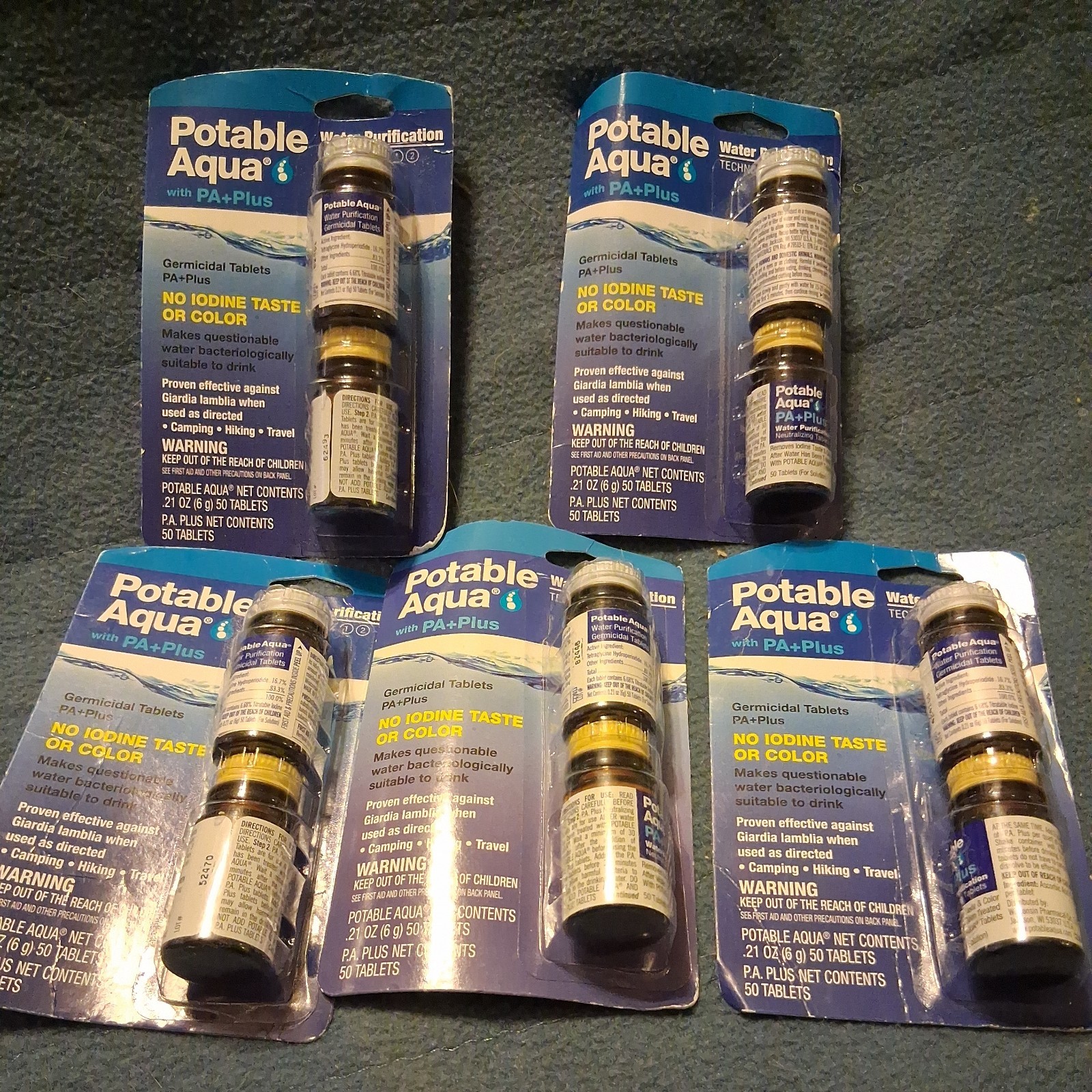 Lot of 5 Potable Aqua Iodine Germicidal Water Purification PA+ 50 Tablets Each