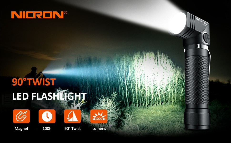 1000 Lumens 6 Modes EDC Right-Angle Rechargeable Magnetic Flashlight for Camping