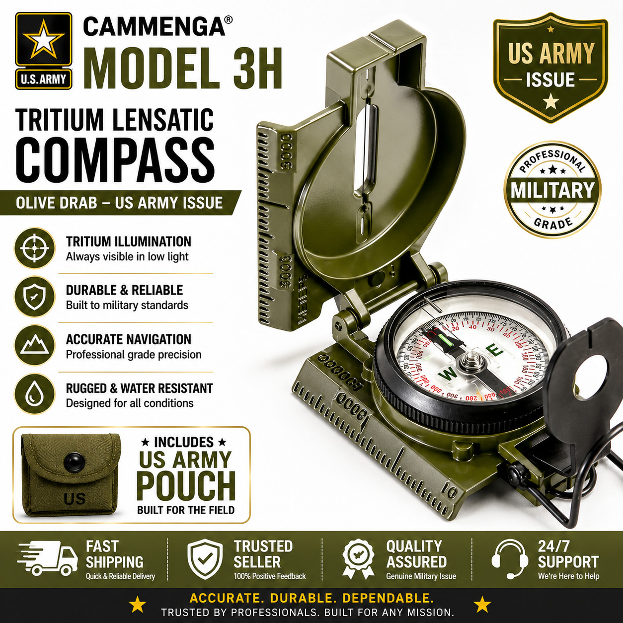 New Cammenga Model 3H Tritium Lensatic Compass Olive Drab US Army Issue Pouch..