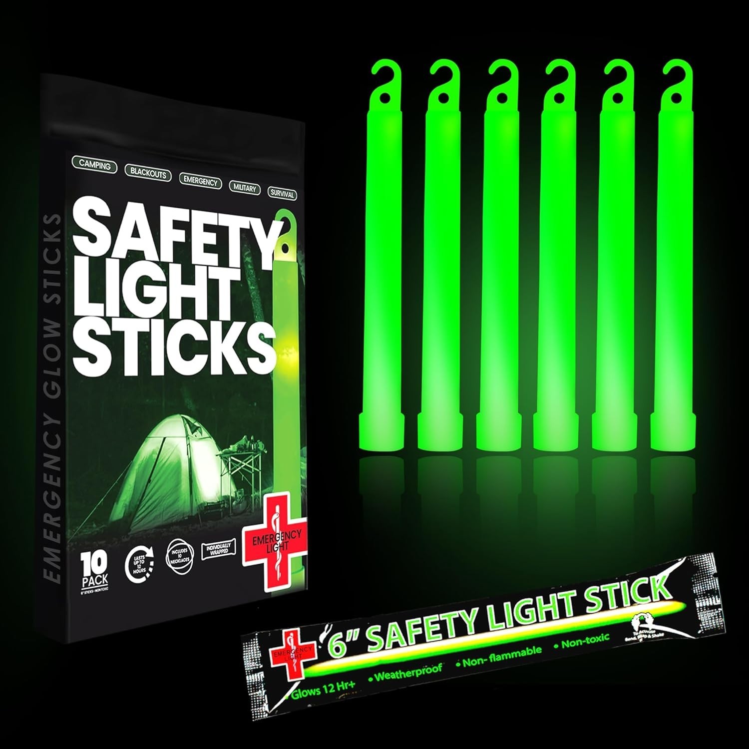 Emergency 10 Ultra Bright Green Glow Sticks – Individual Packed With Lanyard – F