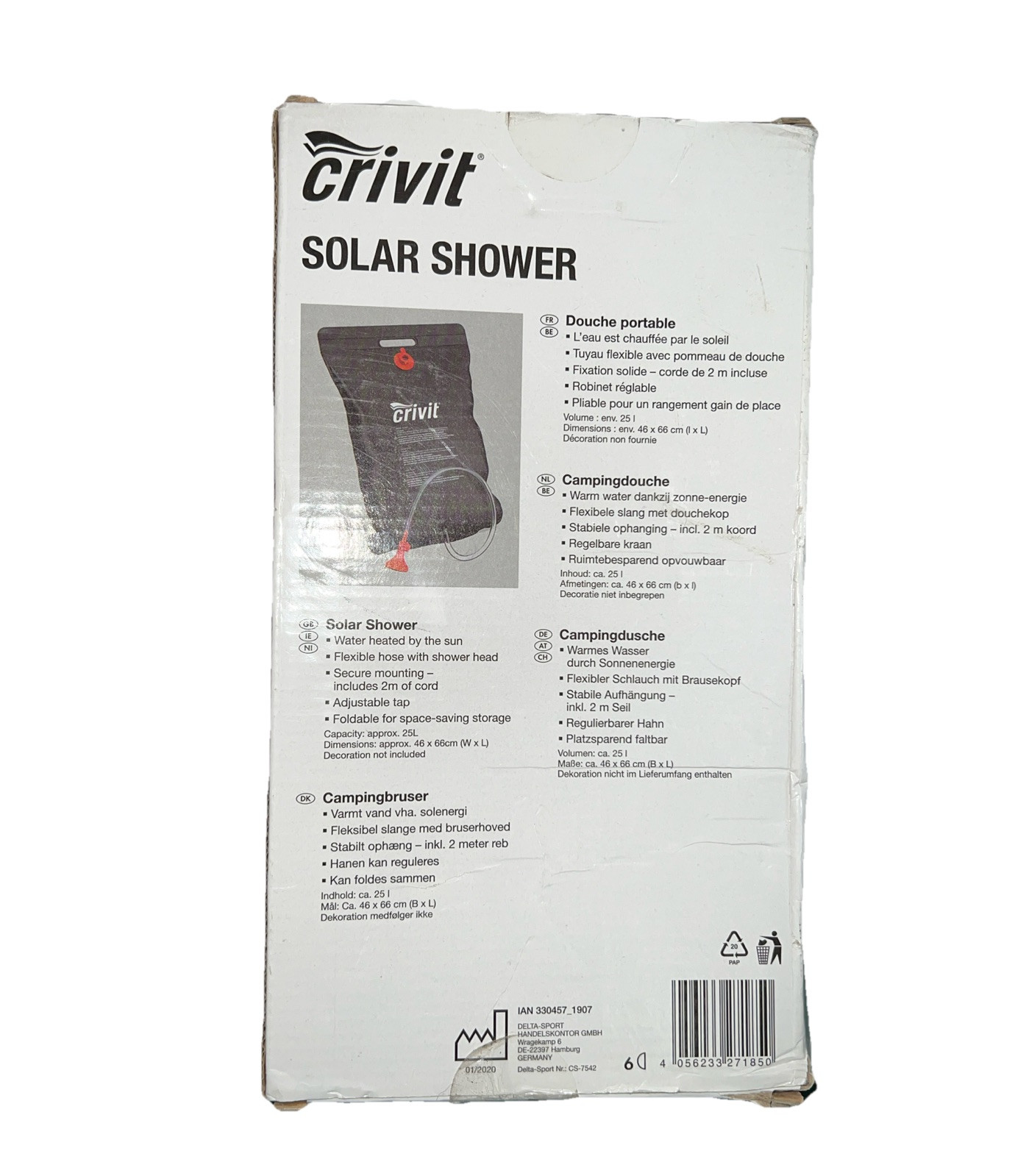 Crivit NIOP Solar Shower,25L Or 6.6 Gallons,2m Cord, Flexible Hose W/Shower Head