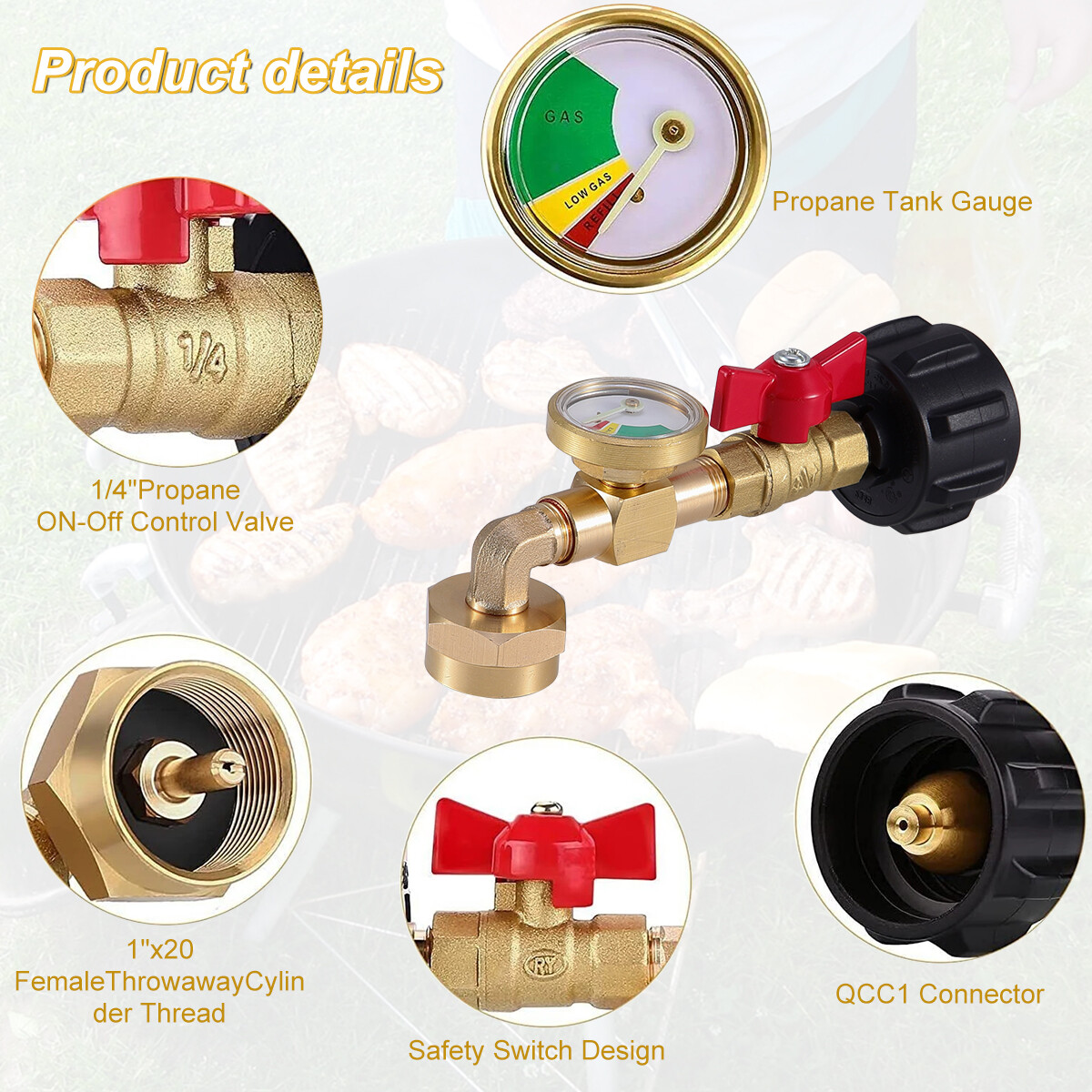 Propane Refill Adapter With Valve and Gauge 5-40Lb To 1Lb Bottle QCC-1 & 1″-20