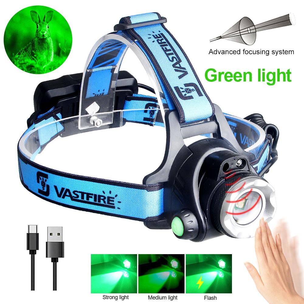 Hunting Sensor Green LED Light Headlamp Zoom 3-Mode Headlight USB Charging Torch