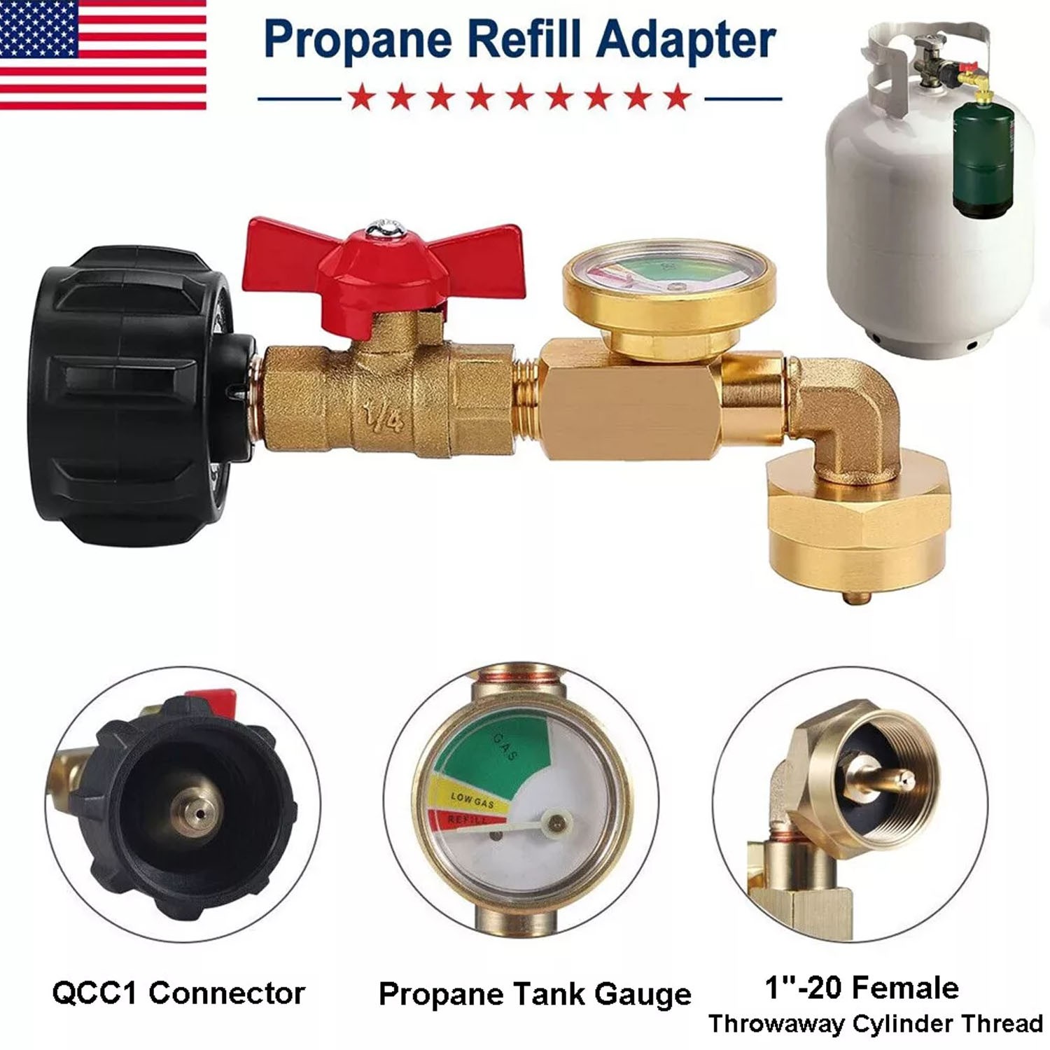 1Lb To 20Lb Tank Propane Refill Adapter With Gauge And ON-Off Control Valve US