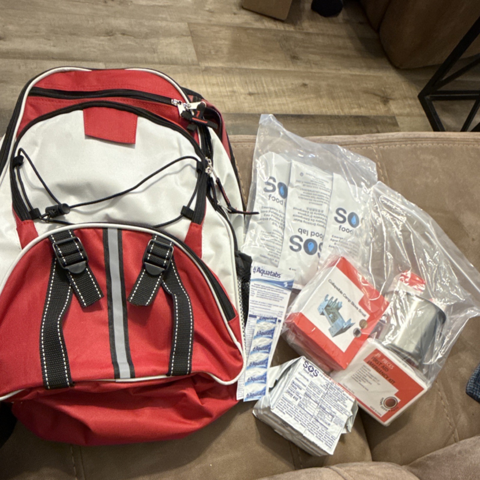 SOS Food Lab Aquatabs Survival Kit Red Backpack Blanket First Aid Stove