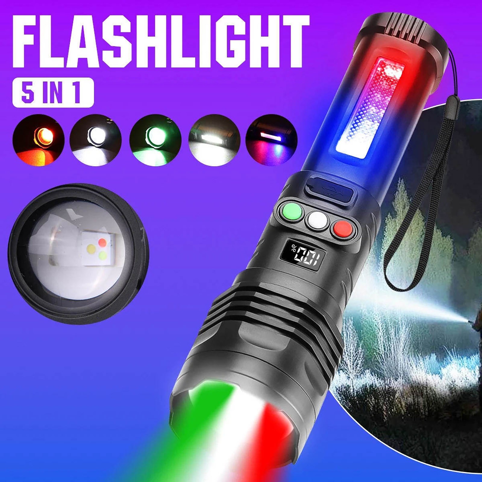 IPX4 Waterproof Rechargeable Flashlight 3 Color LED 1200mAh Type C USB Zoom