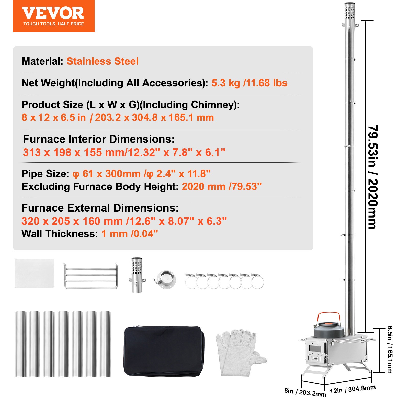 VEVOR Portable Wood Stove Camping Hot Tent BBQ Stove 80 in for Outdoor w/ Pipes