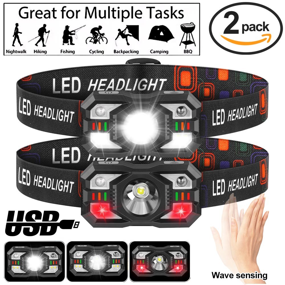 2Pack Headlamp Rechargeable, LED Headlamp with Red Light For Running Hunting