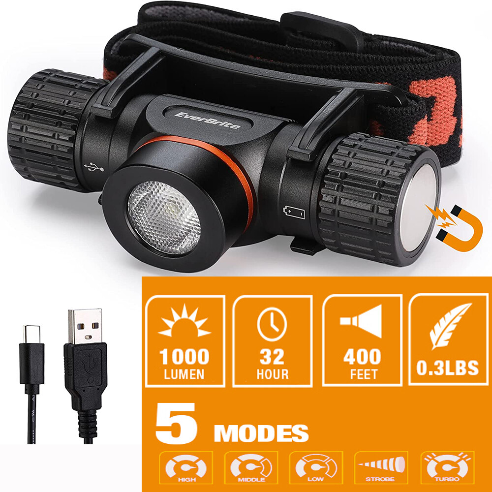 EverBrite Rechargeable Headlamp 1000 Lumen LED USB-C 5 Light Modes Magnetic Base