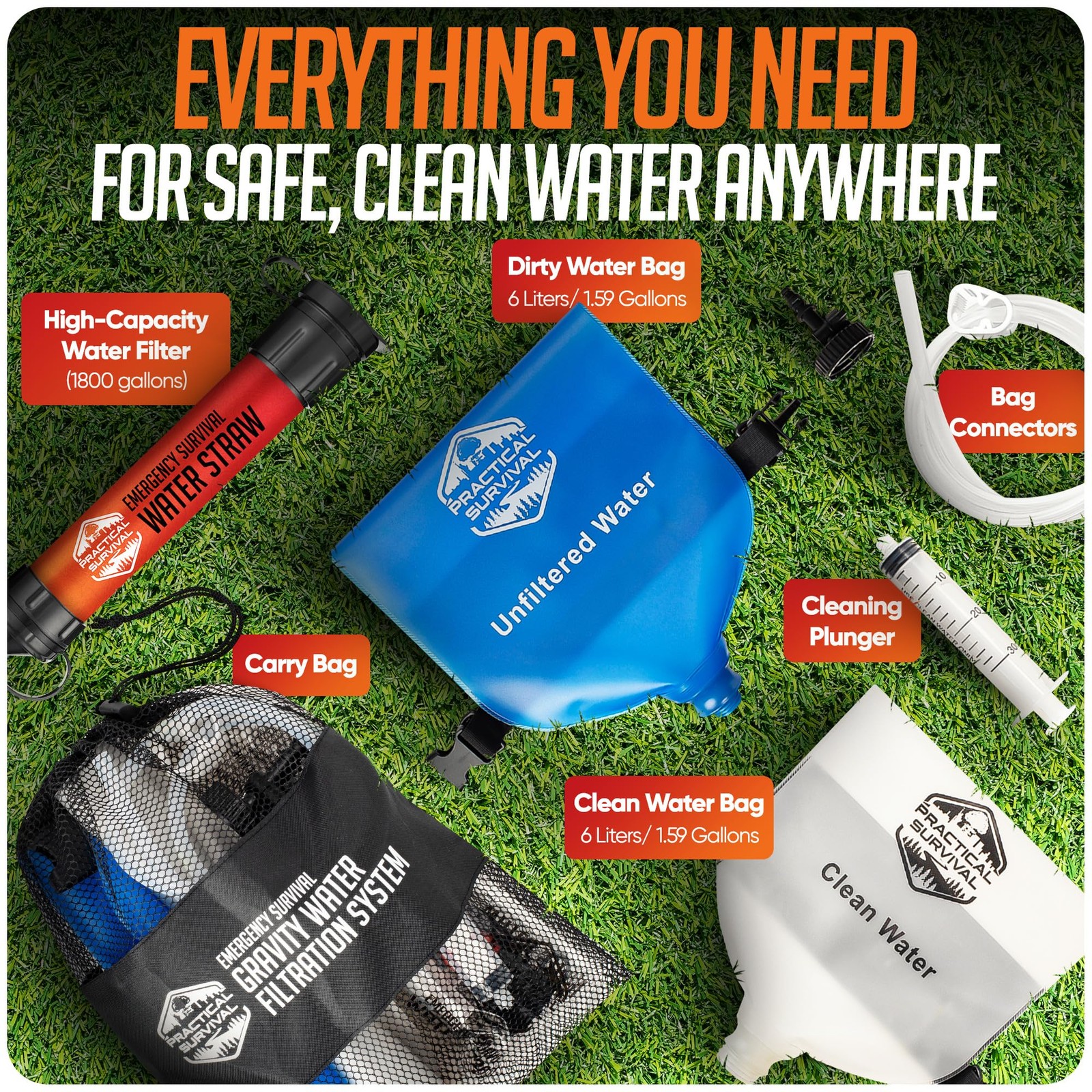 Gravity Water Filtration System – 2 High Capacity Lightweight Hanging Bags fo…