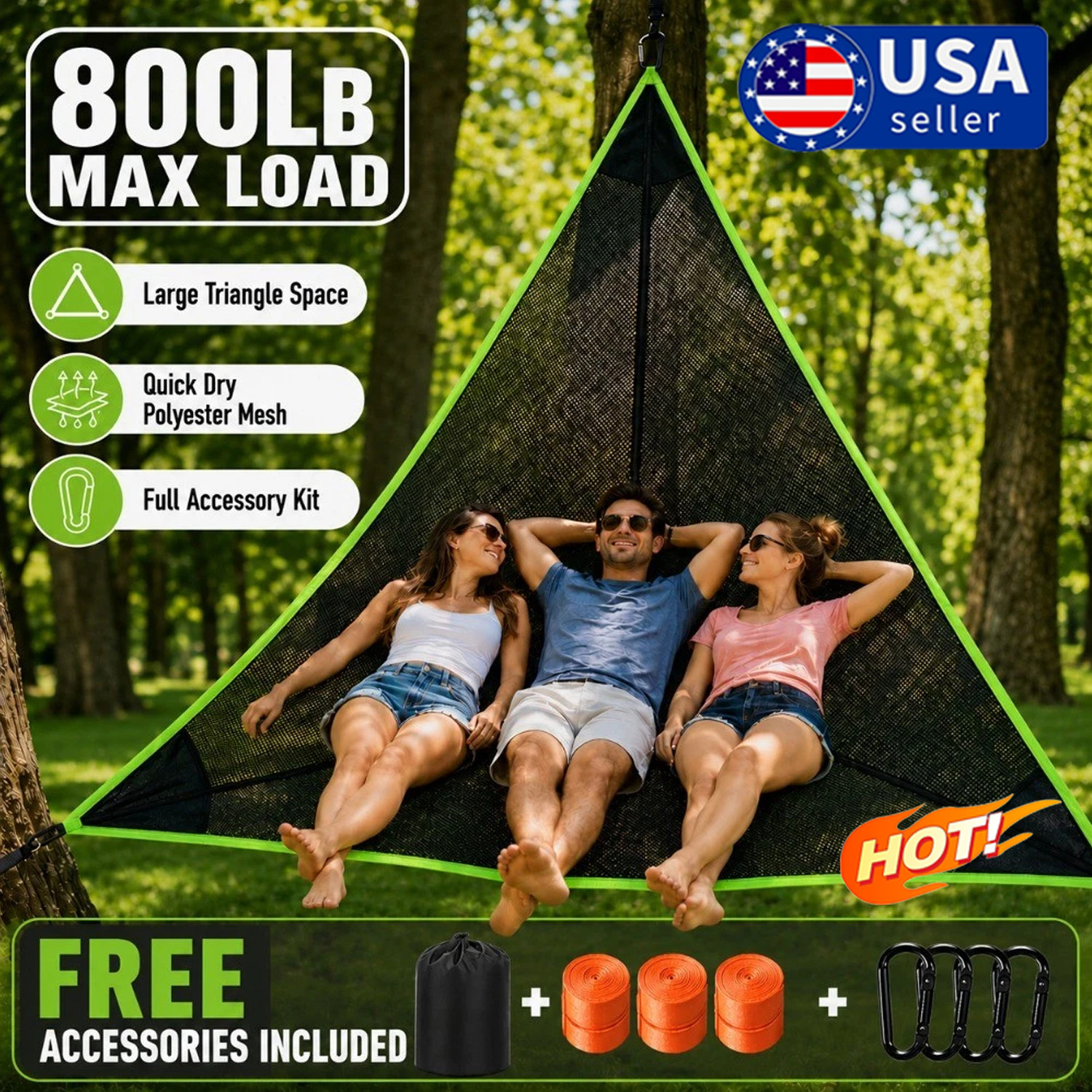 Heavy-Duty Multi Person Triangle Hammock with Portable Straps & Storage Bag NEW