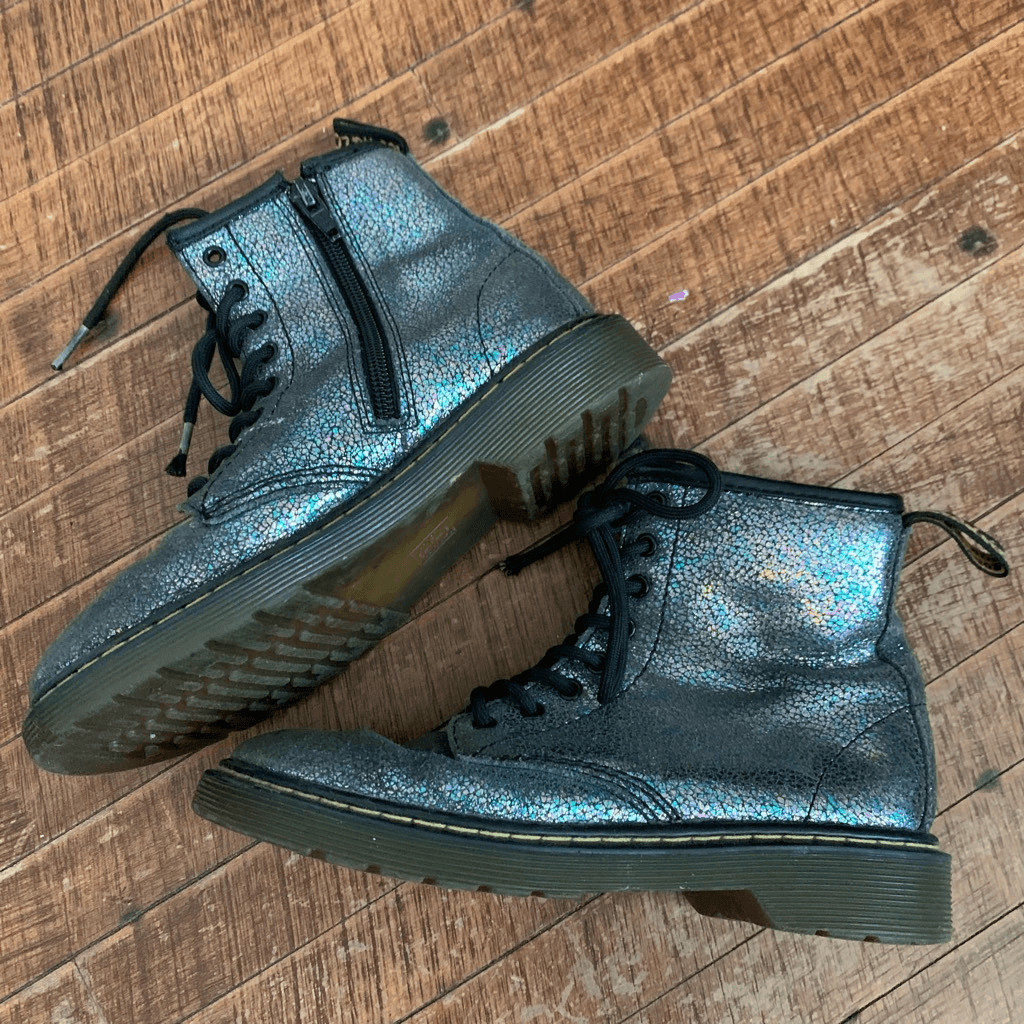 Doc Martens black metallic shimmery English grunge kids 2 combat boots