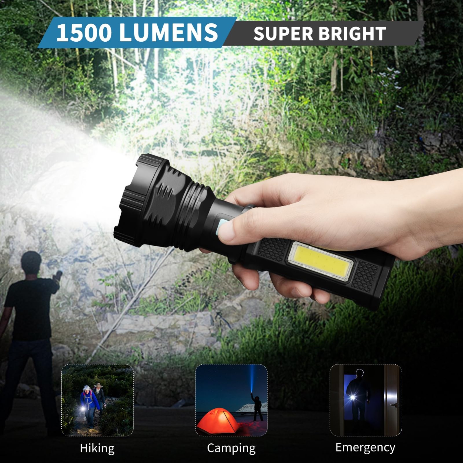 LED Solar Flashlight, 1500 Lumens Handheld Rechargeable Flashlights 2000mAh
