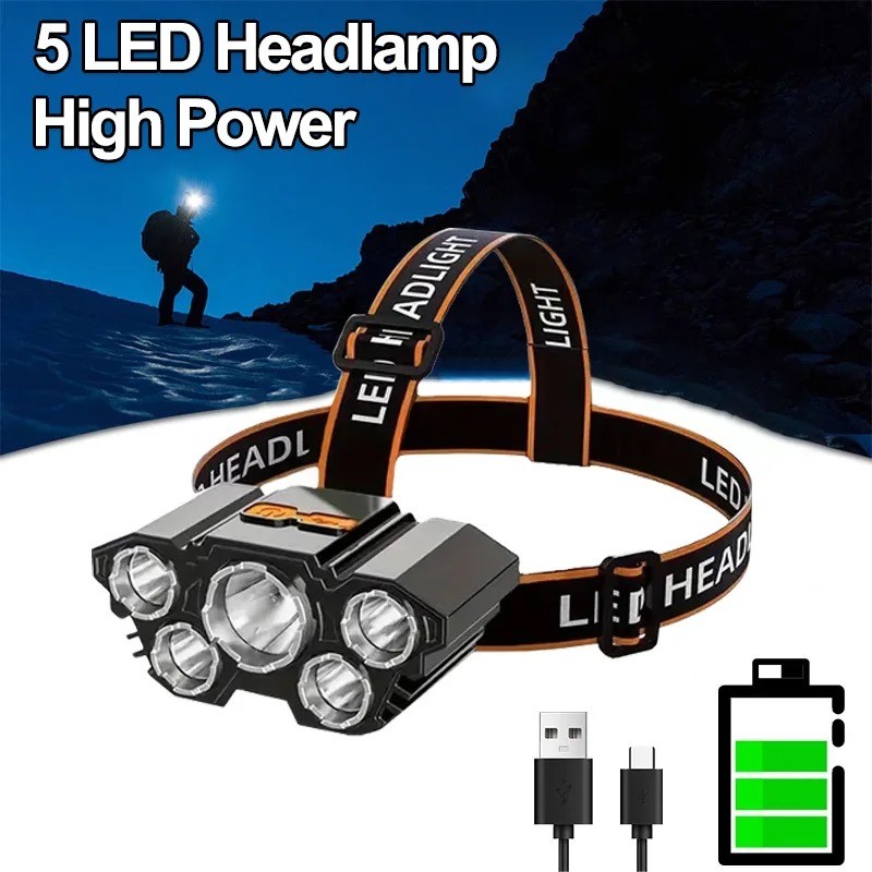 Rechargeable Headlamp 5 Led Head Lamp with 4 Modes, Waterproof Head Lights