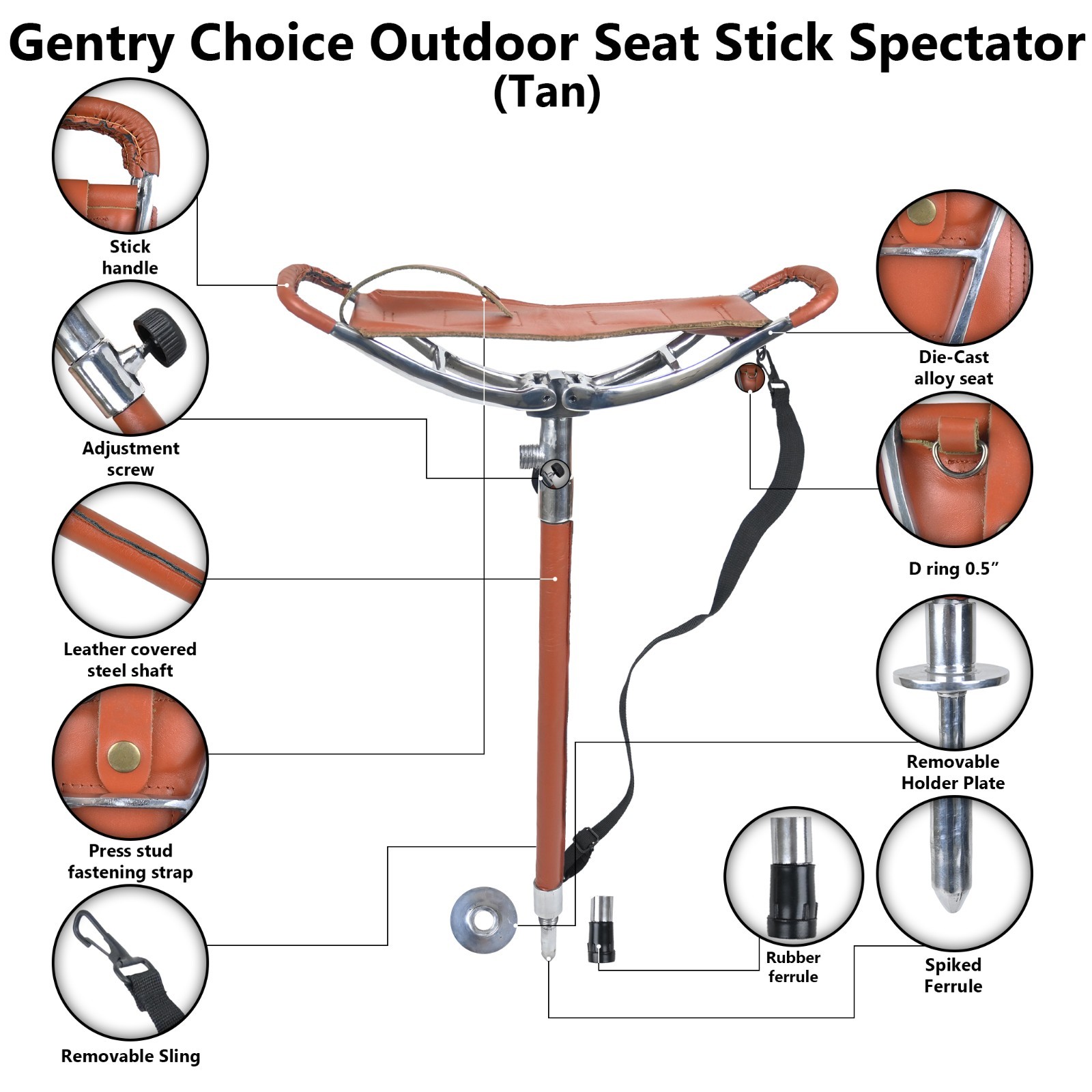 Outdoor Shooting Stick Spectator Adjustable Leather Walking Stick Fishing Stool