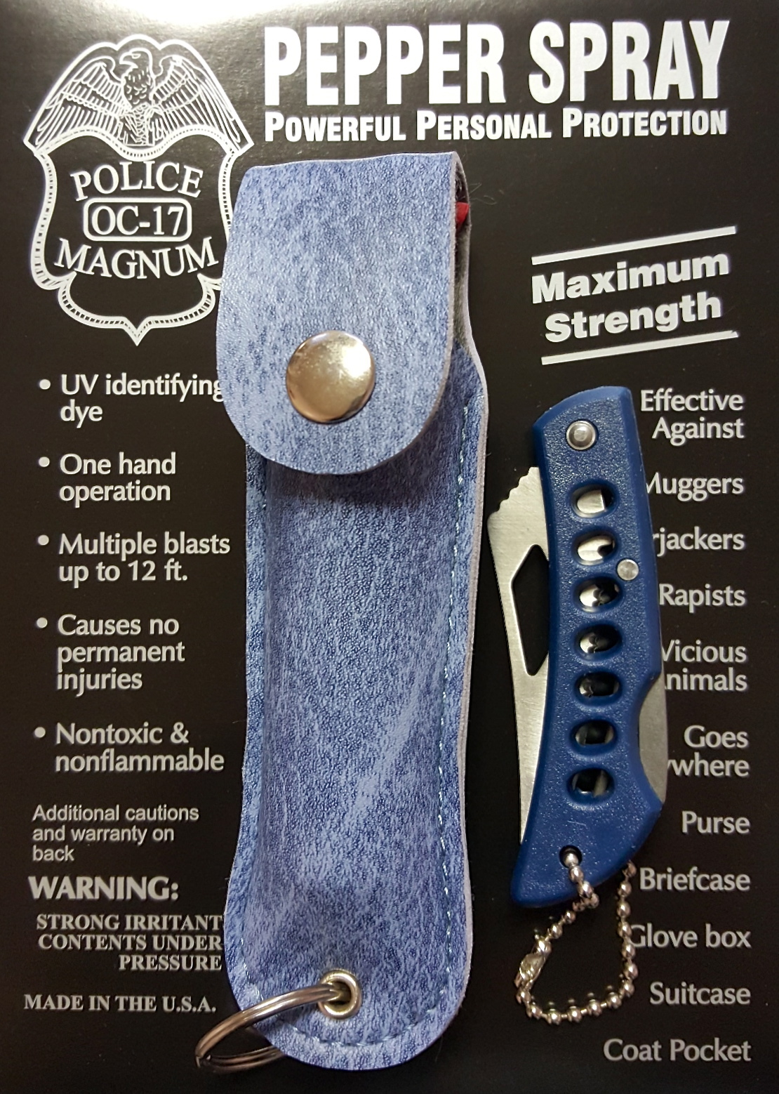 Police Magnum pepper spray .75oz denim keychain holster pocket knife defense OC