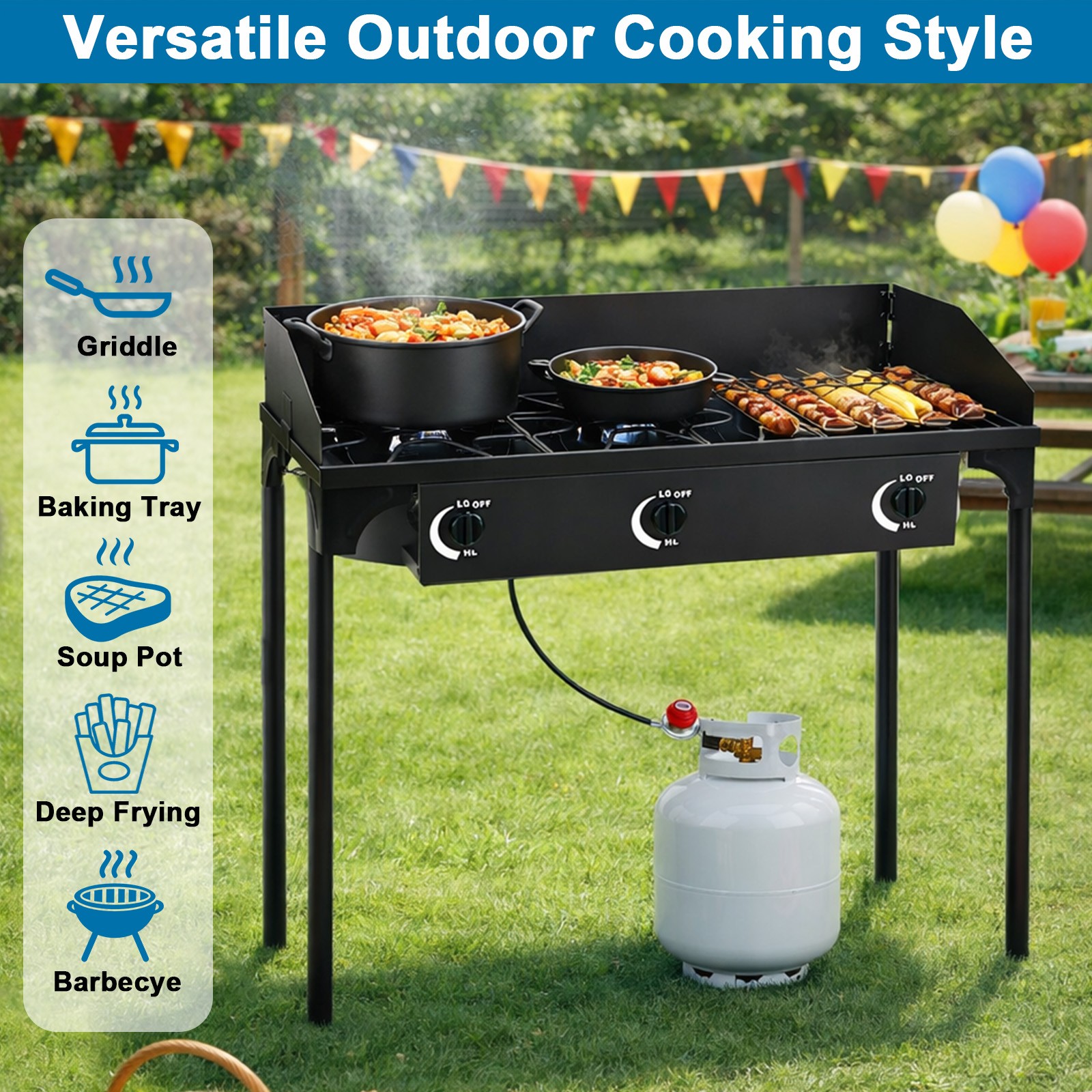 Portable Propane 225,000-BTU 3 Burner Gas Cooker Outdoor Camping Stove Grill