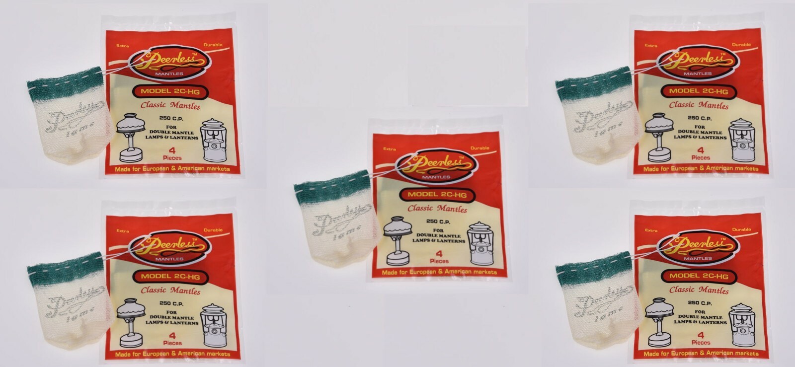 5 packs x Peerless 4-Pk Mantles 2C-HG Double Mantle Lamps-Gas, Kerosene,Propane