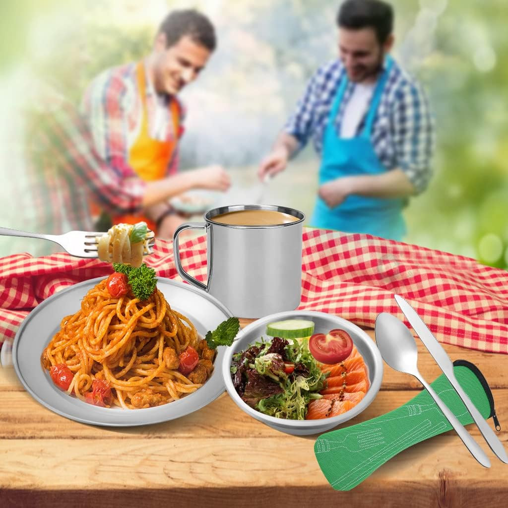 Stainless Steel Camping Cutlery Set – 8 Piece, Includes Spoons, Mugs, Bowls, Pla