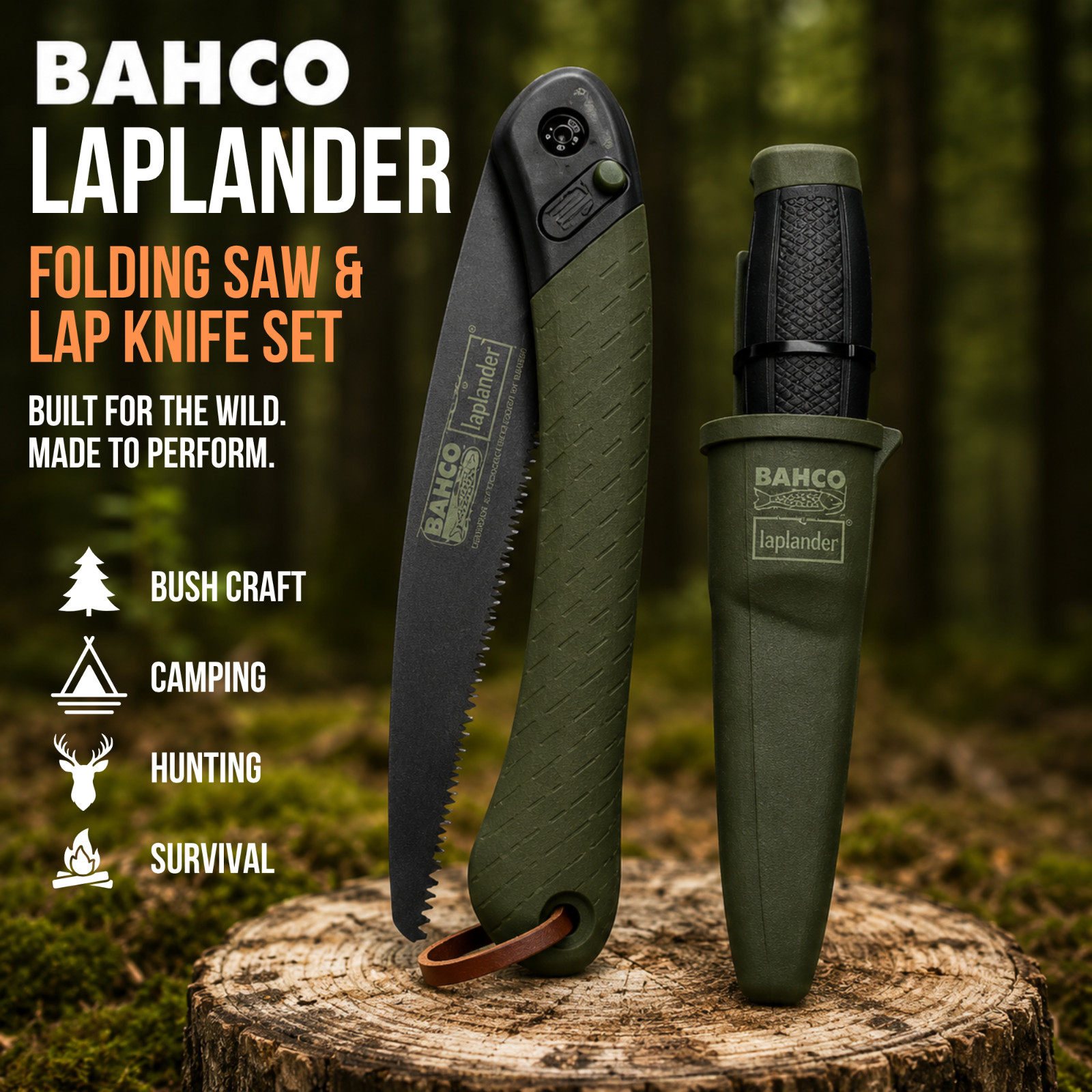 BAHCO Laplander Folding Saw & Knife w/ Sheath Set for Camping Hunting Bushcraft