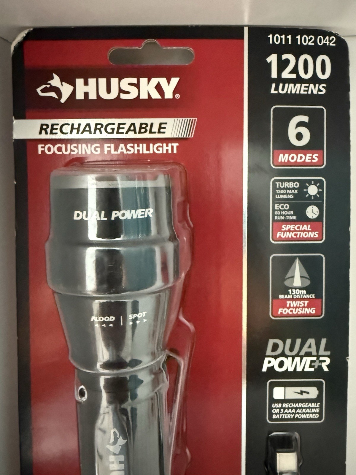 Husky 1200 Lumens Dual Power LED Rechargeable Flashlight PVL-FLT-0020 Adjustable