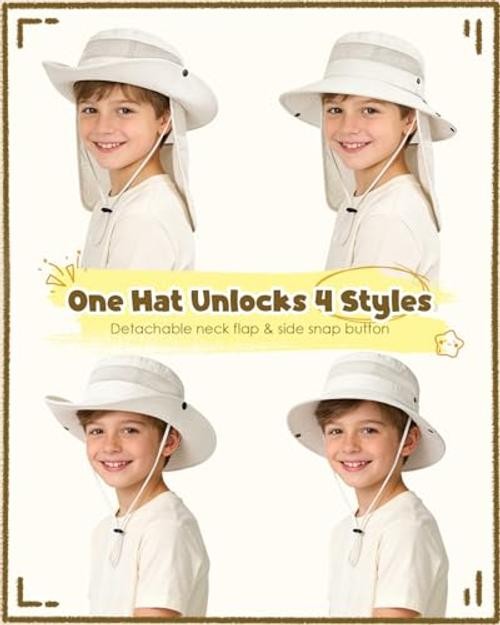 Kids Sun Hat with Detachable Neck Flap,UPF 50+ Windproof 5-13 Years Beige