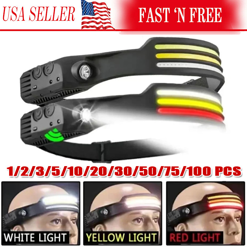 COB LED Headlamp USB Rechargeable Headlight Bar Head Band Torch Work Light 6000K