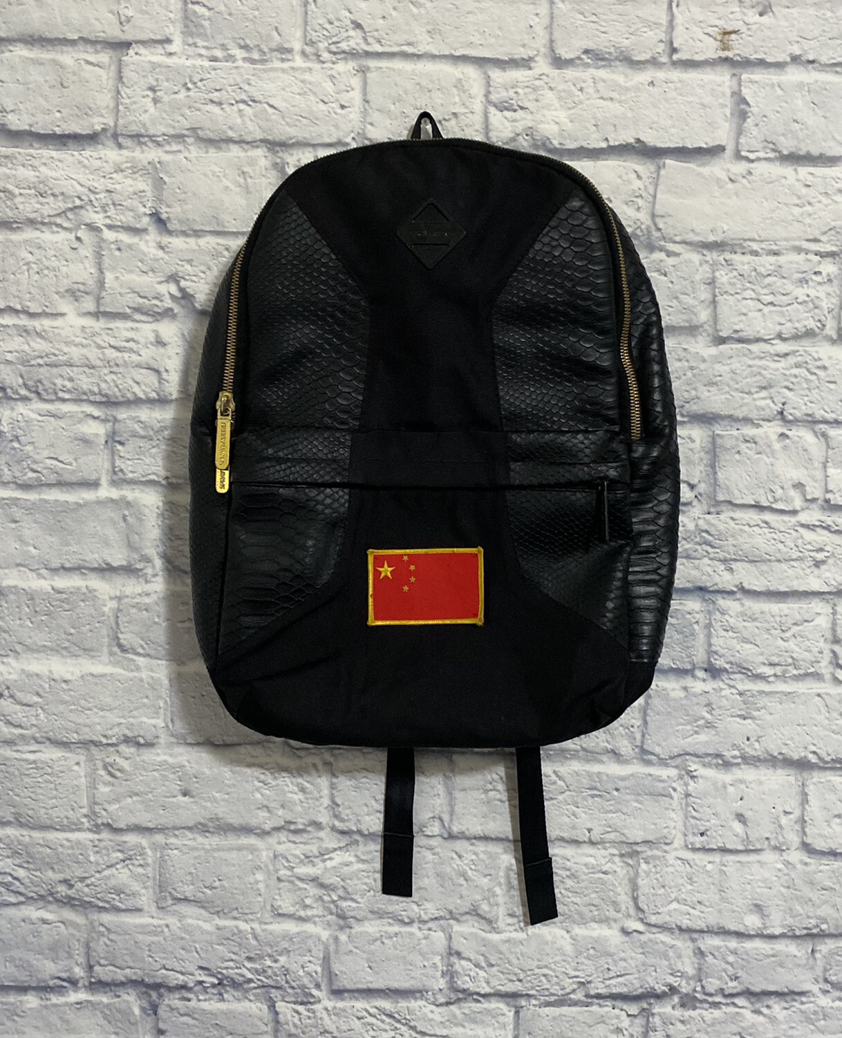 Sprayground Black Backpack Scales Snakeskin Gold China Flag Patch Custom