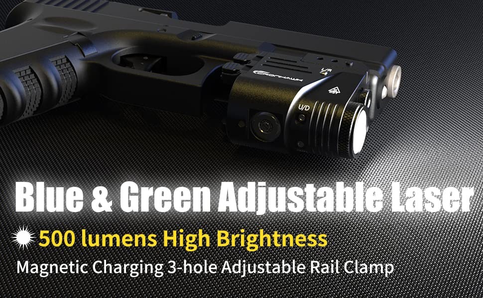 500 Lumen Blue Green Laser Light for Pistol, Rechargeable Rail Mounted Flashl…