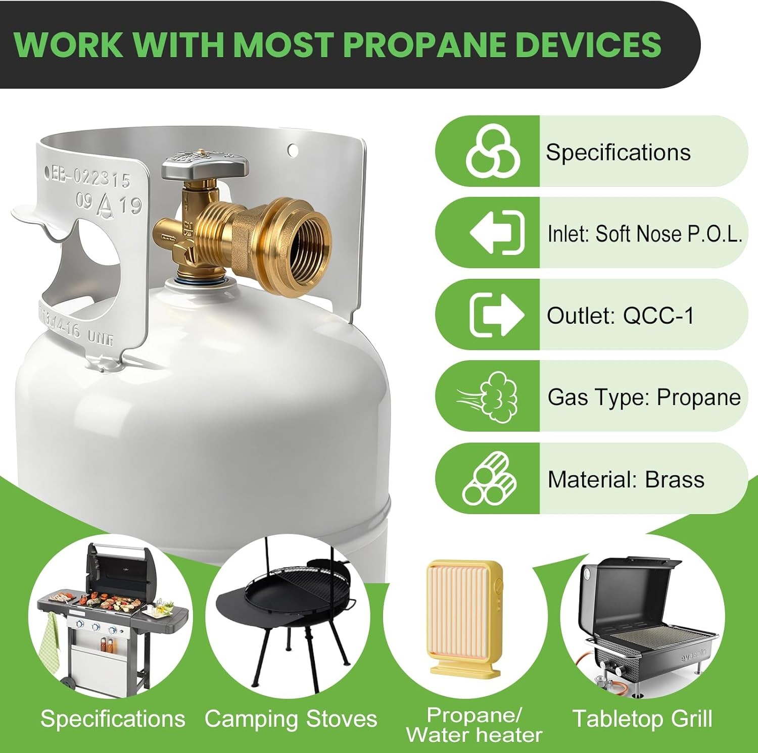 2PCS POL to QCC1 Propane Tank Adapter 100 lbs LP Tank Valve to Type-1 Fitting US