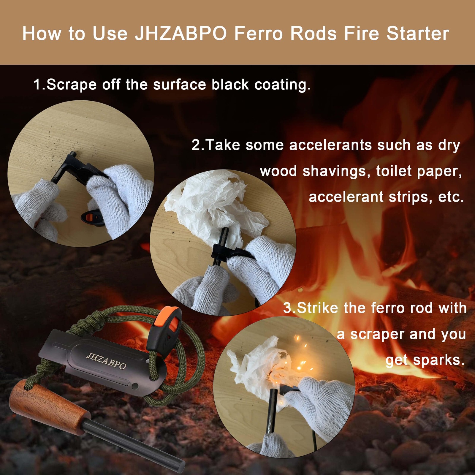 JHZABPO Ferro Rod Survival Kit, Flint and Steel Fire black, orange