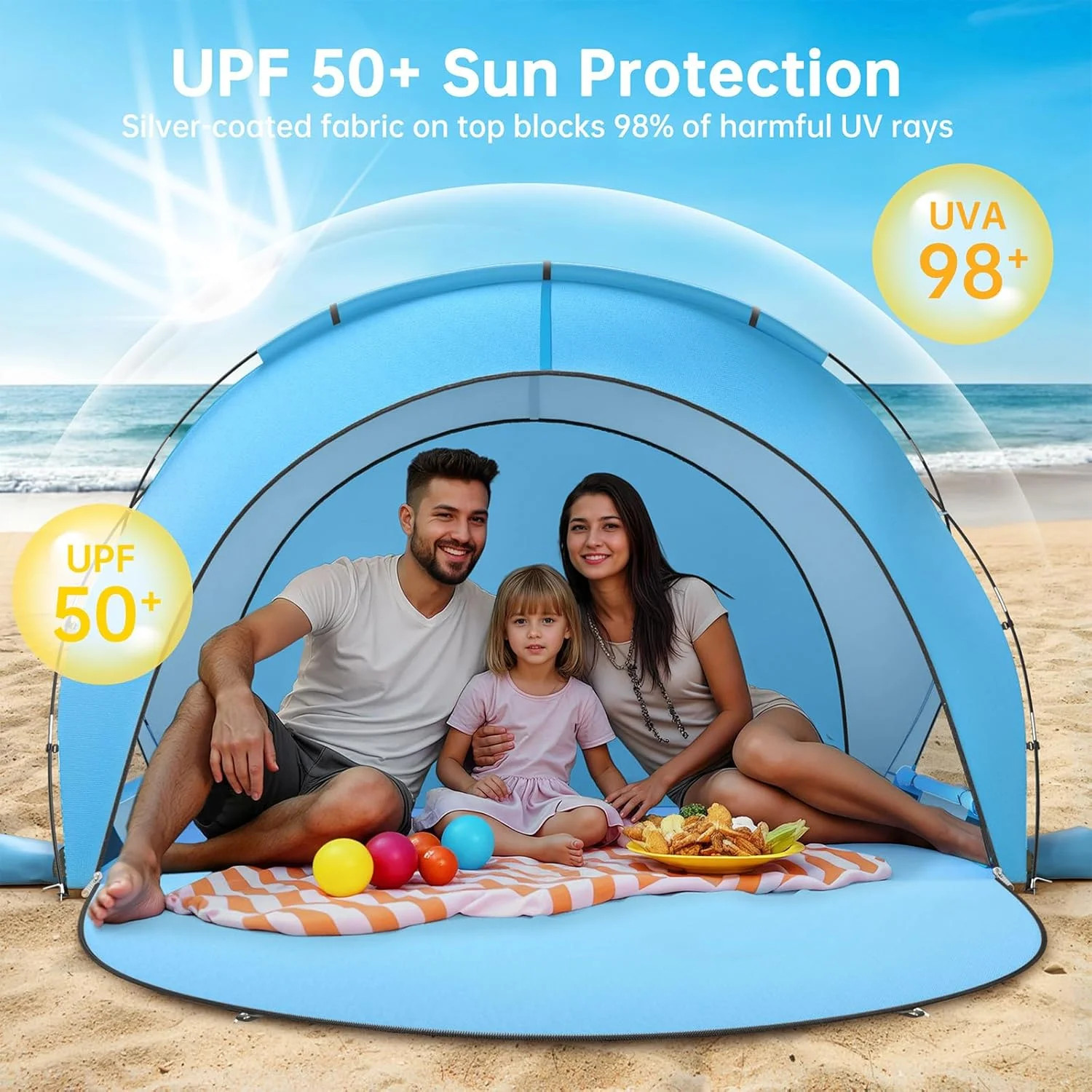 Beach Tent Sun Shelter Shade UPF50 for Sand Camping Fishing, 1-3 Person, Blue
