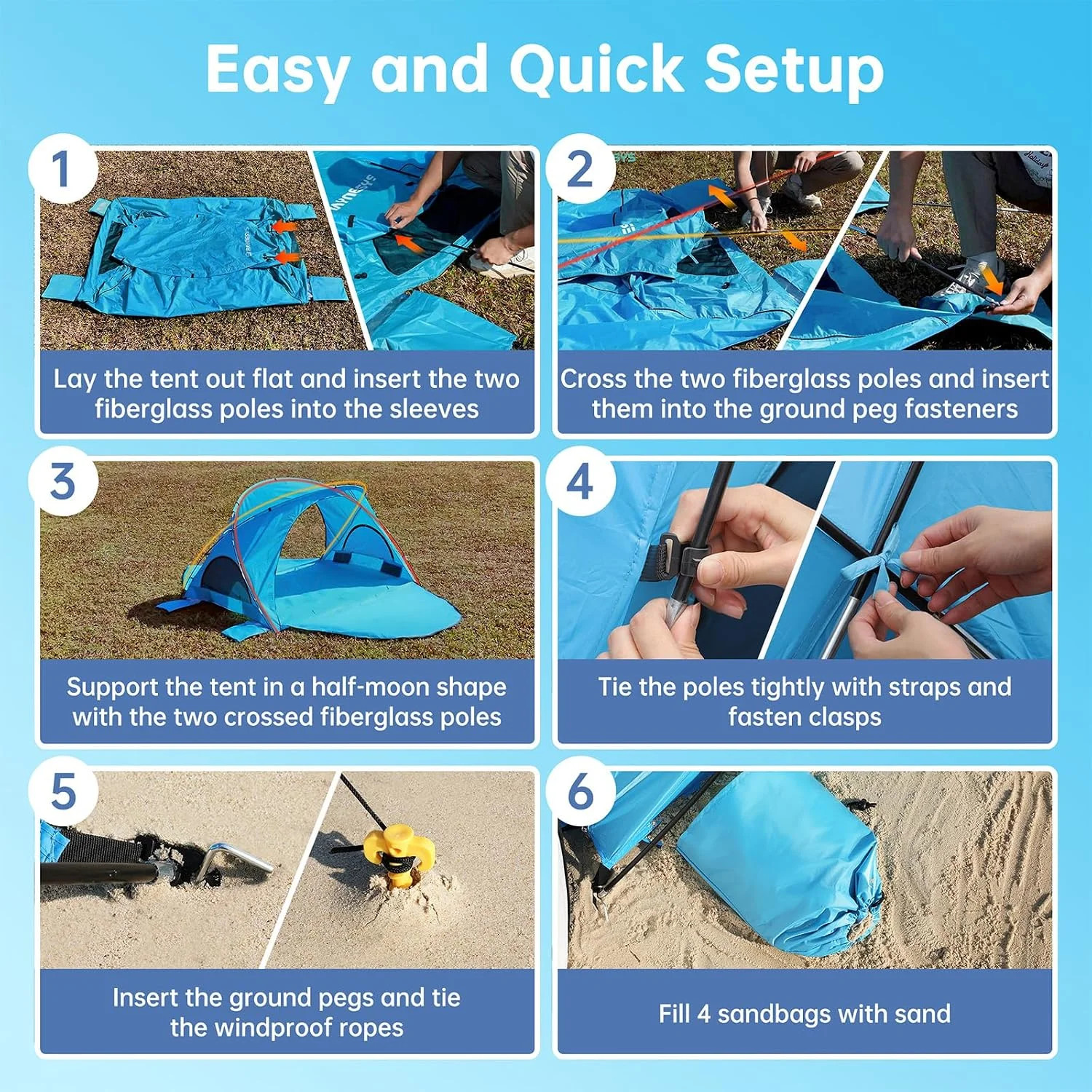 Beach Tent Sun Shelter Shade UPF50 for Sand Camping Fishing, 1-3 Person, Blue