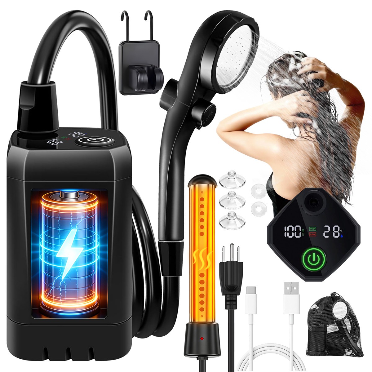 Portable Camping Shower with Water Heater Electric 6000mAh Camp Pump For Hiking
