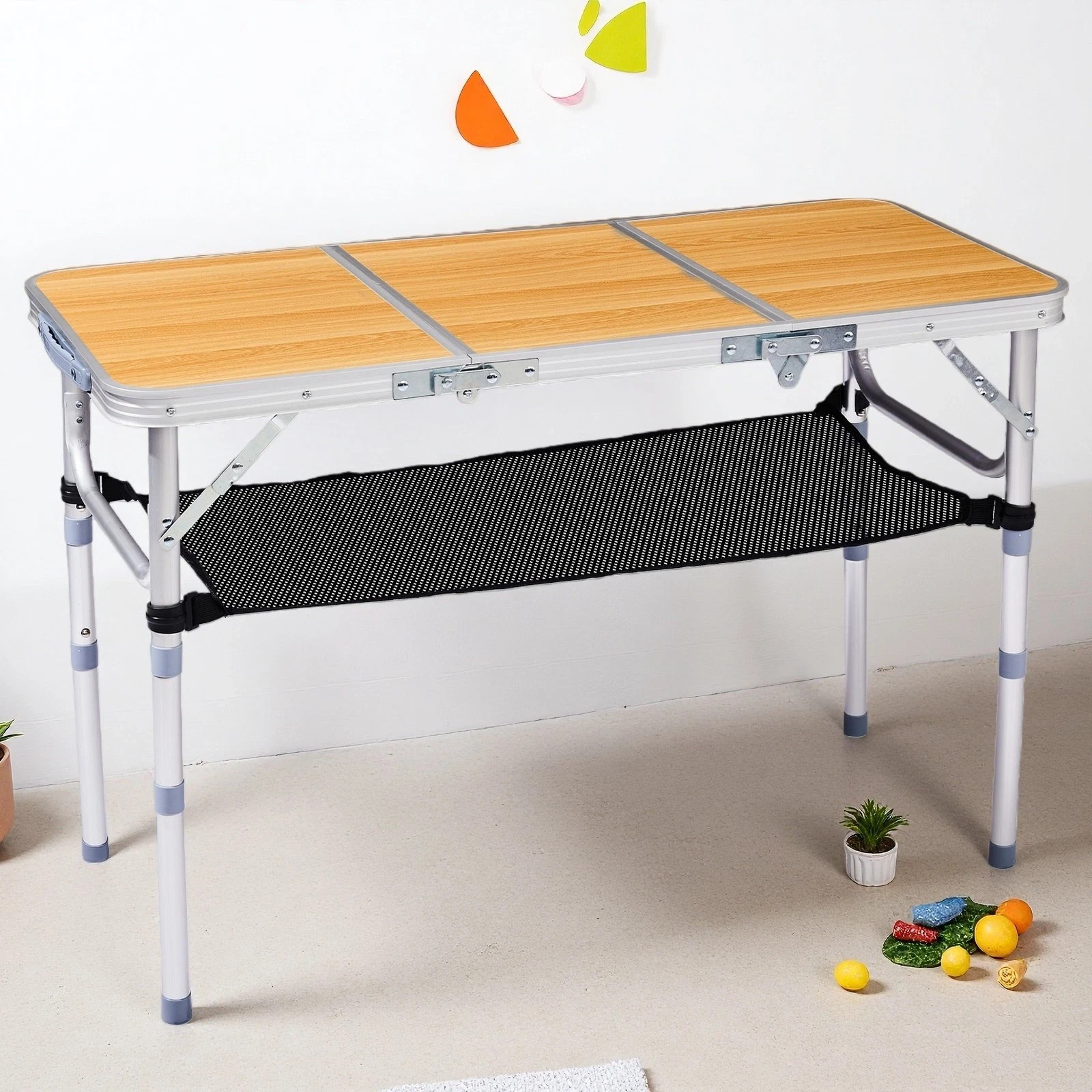 Folding Camping Table 3ft With Storage Net – Adjustable, Wood Grain & Aluminum