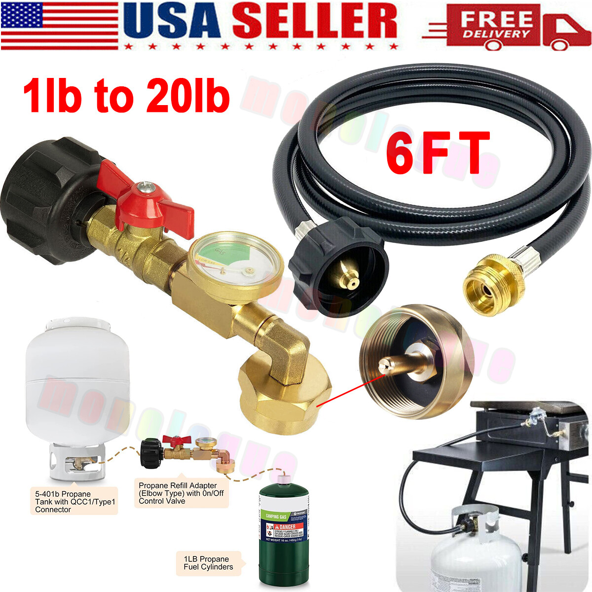 Propane Refill Adapter Hose QCC1 with ON-Off Control Valve for 1Lb To 20Lb Tank