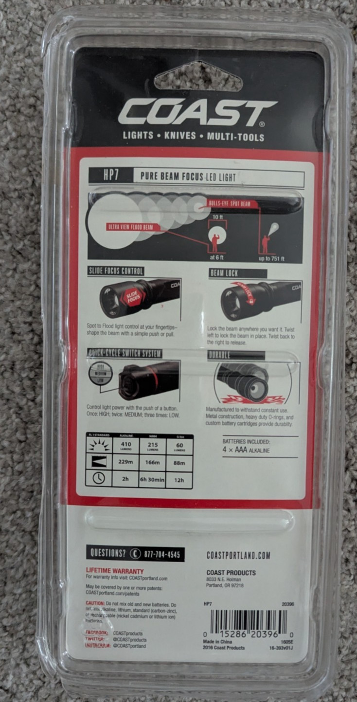 Coast HP7 410 Lumens Bright 741 Ft IPX4 Flood View Pro Grade 3-Mode Flashlight