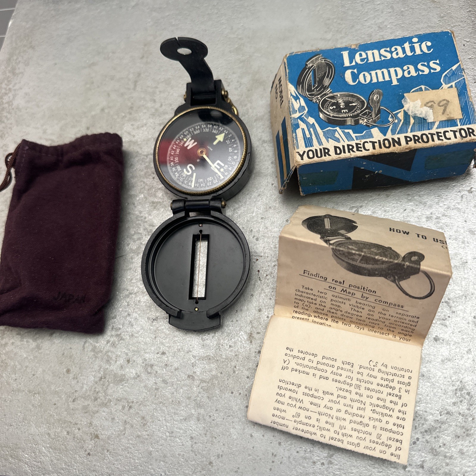 Vintage Working LENSATIC Engineer COMPASS – 2″ Made in Japan – Glow In The Dark