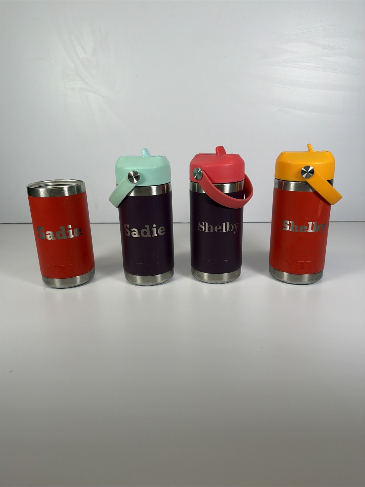Lot of 4 22oz YETI Rambler Bottles & 3 Chug Lids Purple & Red Stainless Engraved