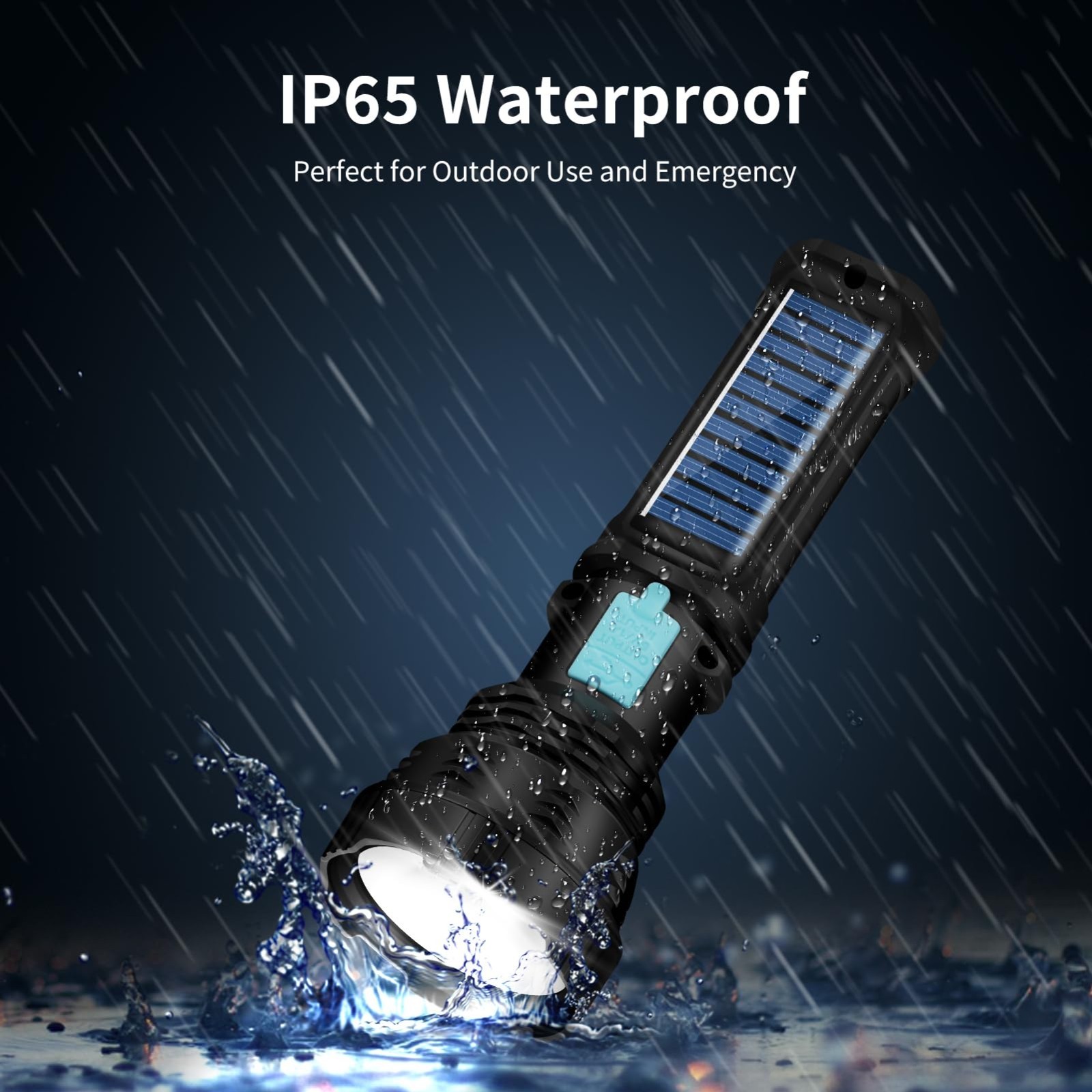 1500 Lumens Solar Rechargeable Flashlight IP65 Waterproof 2000mAh Camping