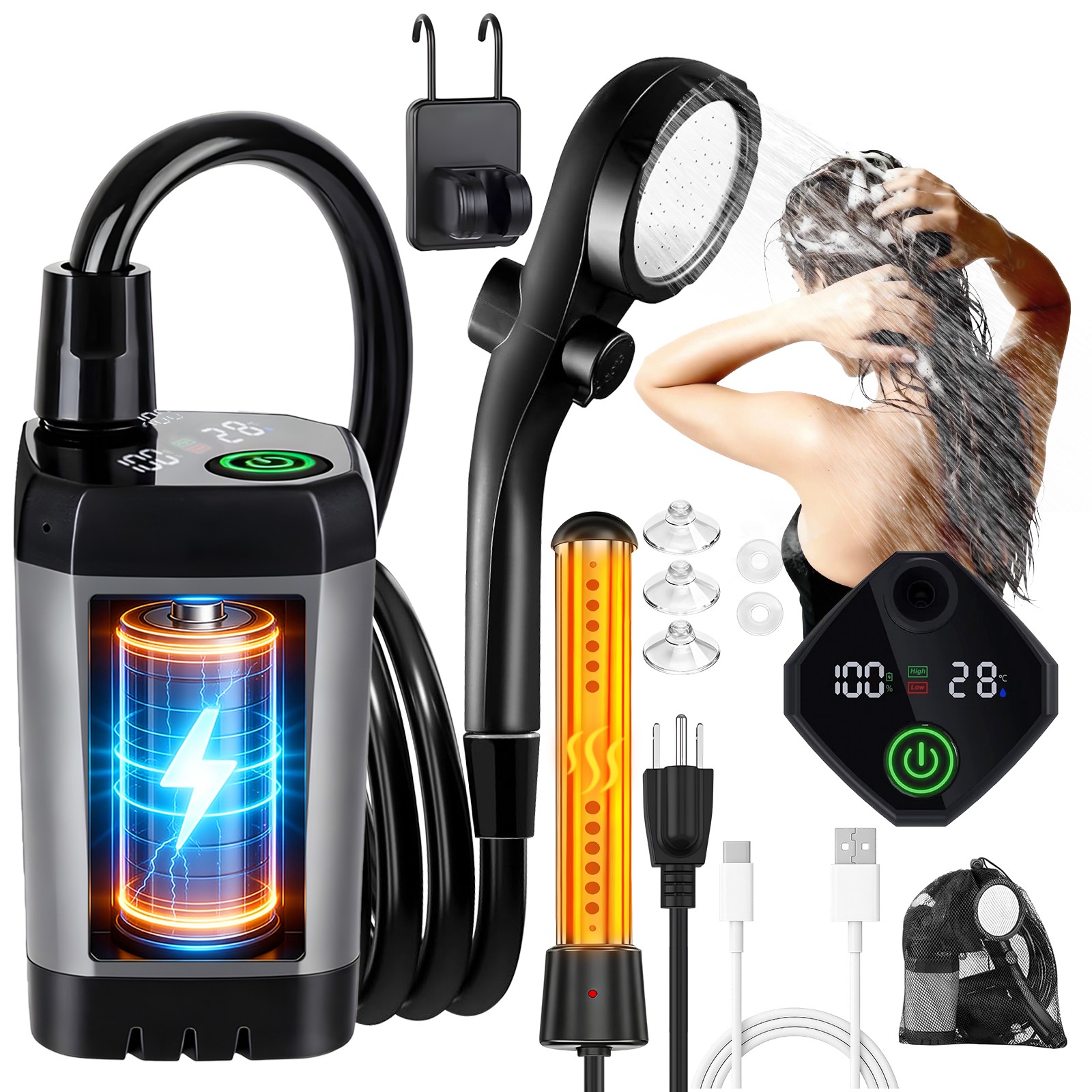Portable Camping Shower Heater Rechargeable Outdoor 6000mAh Camp Pump for Travel